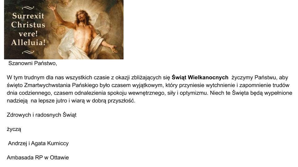 Życzenia wielkanocne Ambasadora RP w Kanadzie