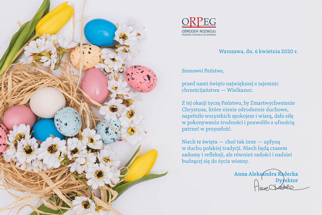 Życzenia wielkanocne Dyrektor ORPEG Pani Anny Radeckiej