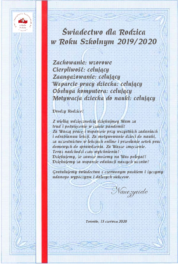 ŚWIADECTWO RODZICA – DZIĘKUJEMY ZA PAŃSTWA TRUD