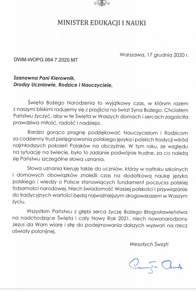ŻYCZENIA MINISTRA EDUKACJI I NAUKI DLA SZKOŁY POLSKIEJ W TORONTO