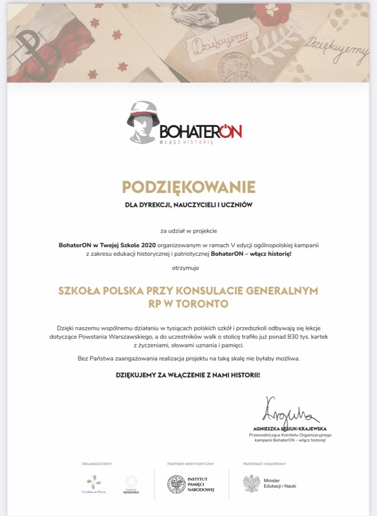 DYPLOMY ZA UDZIAŁ W AKCJI BOHATERON DLA SZKOŁY POLSKIEJ W TORONTO