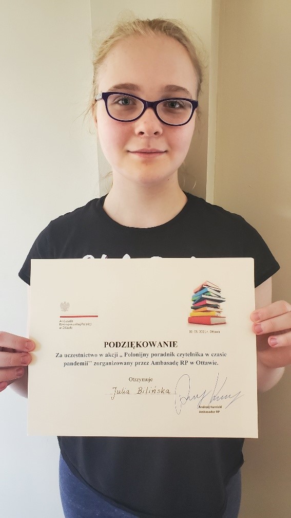 PODZIĘKOWANIE DLA JULII BILIŃSKIEJ ZA UDZIAŁ W AKCJI AMBASADY RP W KANADZIE “POLONIJNY PORADNIK CZYTELNIKA W CZASIE PANDEMII”