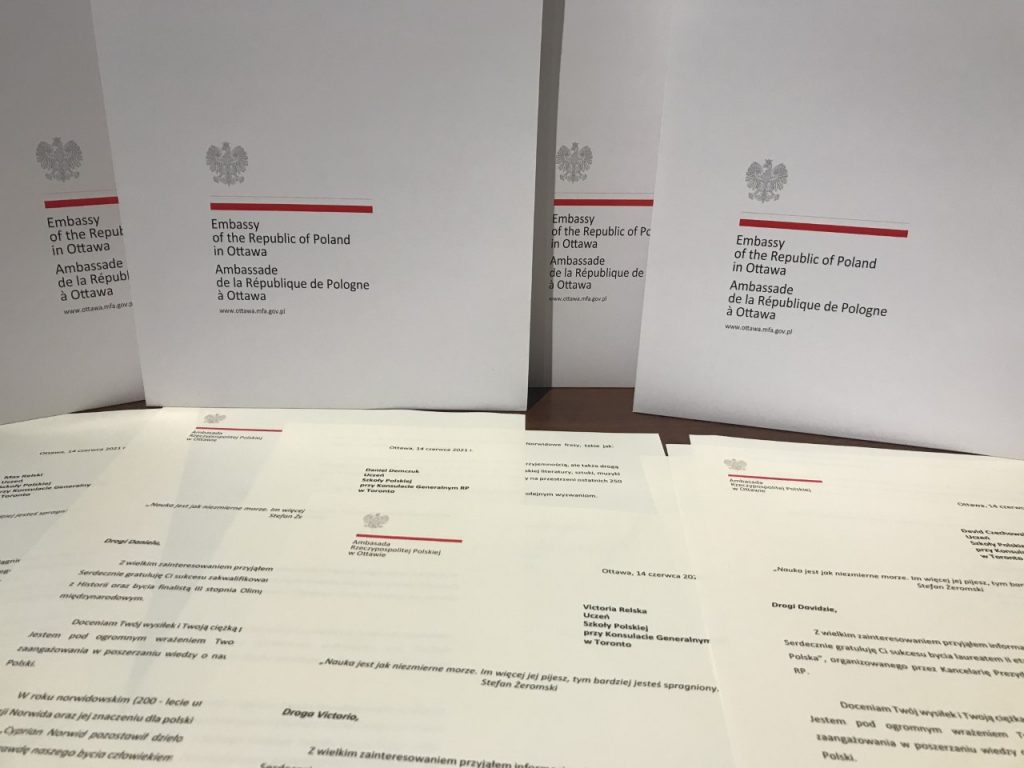 LISTY GRATULACYJNE AMBASADORA RP W KANADZIE PANA ANDRZEJA KURNICKIEGO DLA LAUREATÓW KONKURSÓW MIĘDZYNARODOWYCH