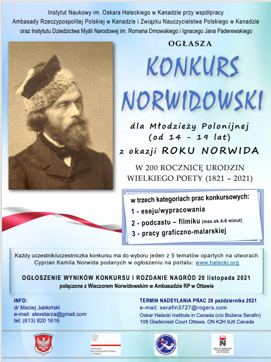 KONKURS NORWIDOWSKI dla Młodzieży Polonijnej z Kanady z okazji ROKU NORWIDA W 200. ROCZNICĘ URODZIN WIELKIEGO POETY (1821 – 2021)