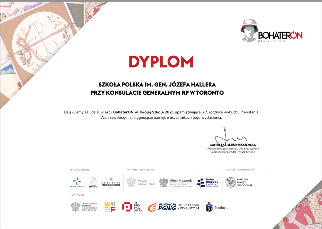 DYPLOMY PODZIĘKOWANIA ZA UDZIAŁ W TEGOROCZNEJ AKCJI “BOHATERON”