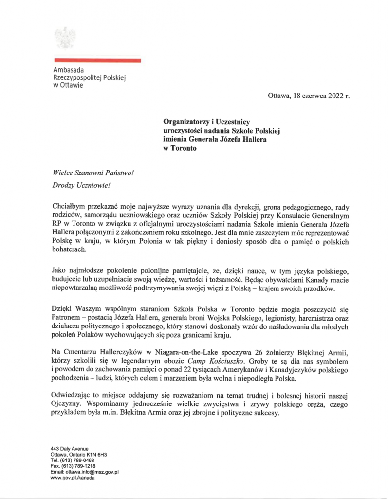 LIST GRATULACYJNY AMBASADORA RP W KANADZIE PANA WITOLDA DZIELSKIEGO Z OKAZJI NADANIA SZKOLE POLSKIEJ PATRONA