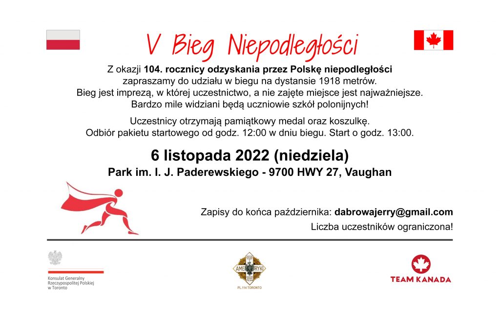 V BIEG NIEPODLEGŁOŚCI ORGANIZOWANY PRZEZ KONSULAT GENERALNY RP W TORONTO