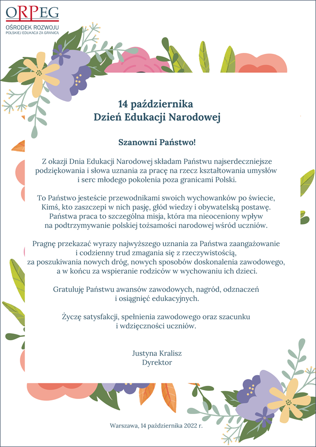 ŻYCZENIA DYREKTOR ORPEG PANI JUSTYNY KRALISZ Z OKAZJI DNIA EDUKACJI NARODOWEJ