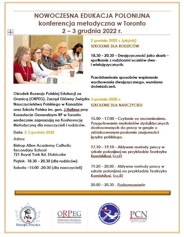 ZAPRASZAMY NAUCZYCIELI I RODZICÓW DO UDZIAŁU W KONFERENCJI METODYCZNEJ pn. NOWOCZESNA EDUKACJA POLONIJNA