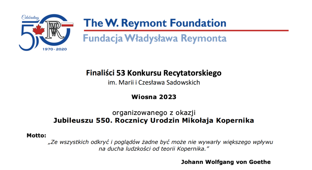 NASZ KOLEJNY WIELKI SUKCES -FINALIŚCI 53.KONKURSU RECYTATORSKIEGO IM.W.REYMONTA
