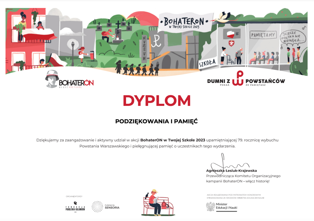 DYPLOMY DLA NASZYCH NAUCZYCIELI ZA UDZIAŁ W KOLEJNEJ EDYCJI AKCJI BOHATERON