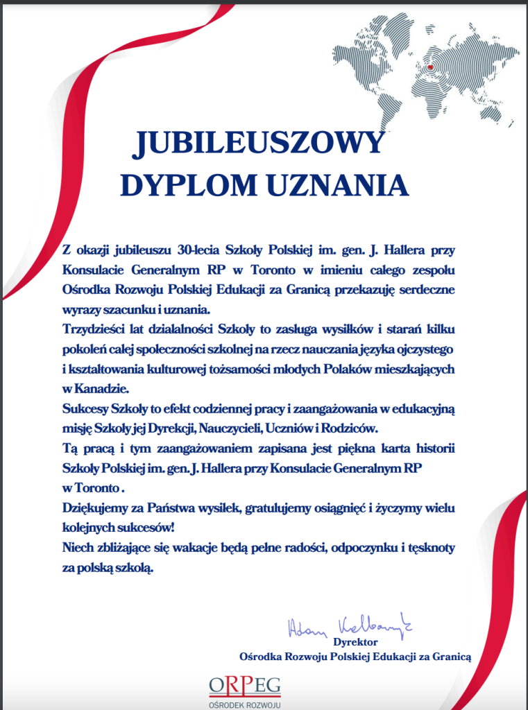 LIST GRATULACYJNY DYREKTORA ORPEG PANA ADAMA KALBARCZYKA DLA NASZEJ SZKOŁY